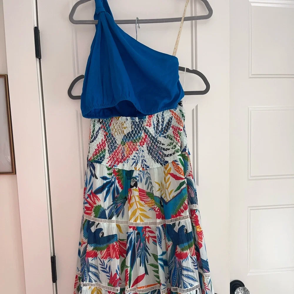 Farm Rio Blue One-Shoulder Crop Top and Macaw Smock Midi Skirt - Picture 2 of 6